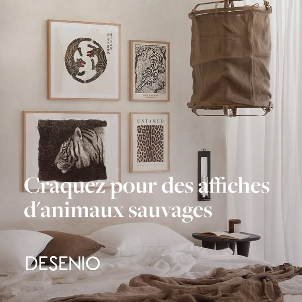 This ad promotes Desenio's wild animal posters in a bedroom setting. The copy highlights the posters of wild animals