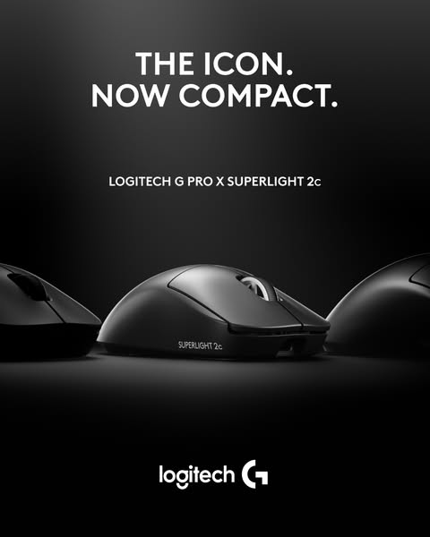 This ad showcases the Logitech G Pro X Superlight 2c mouse, emphasizing its compact design while maintaining the iconic 