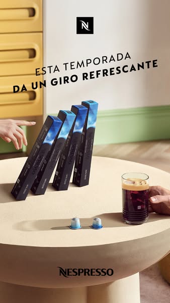 A Nespresso ad featuring their iced coffee pods in a visually pleasing modern setting to emphasize their seasonal appeal