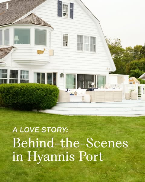 The image shows a backyard lawn and a white house in Hyannis Port. The ad appears to be promoting a lifestyle or story a