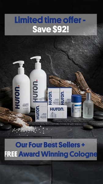 This ad showcases Huron's four best-selling products, along with a free cologne, emphasizing a limited-time offer to