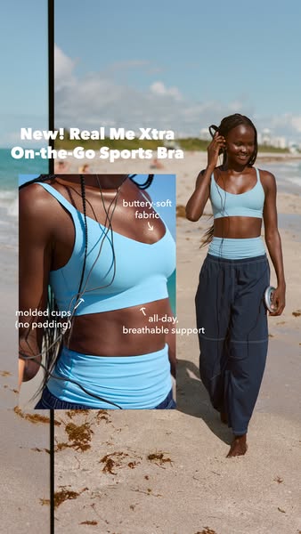 This ad highlights the new Real Me Xtra On-the-Go Sports Bra from Aerie. The ad displays a model wearing the bra on a be