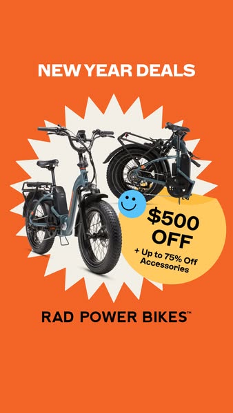 This image ad for Rad Power Bikes promotes New Year deals, offering $500 off plus up to 75% off accessories.