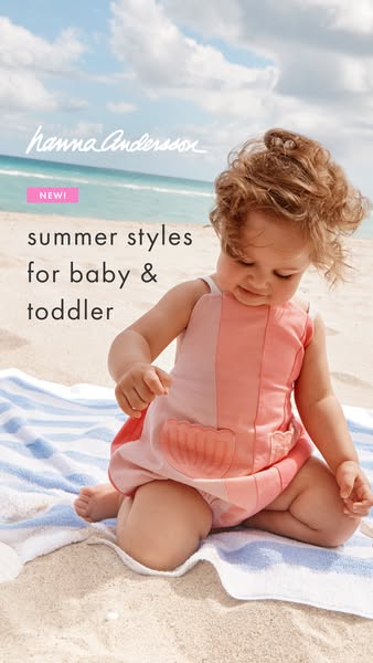 This image ad for Hanna Andersson features a toddler in a pink romper on a beach, promoting the brand's summer style