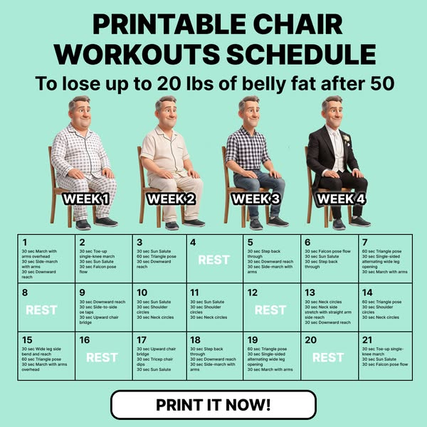 An image ad featuring a printable chair workout schedule to lose up to 20 lbs of belly fat after 50 years old.