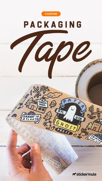 This ad showcases custom packaging tape from Sticker Mule. The tape is shown being held by a hand, revealing a design wi