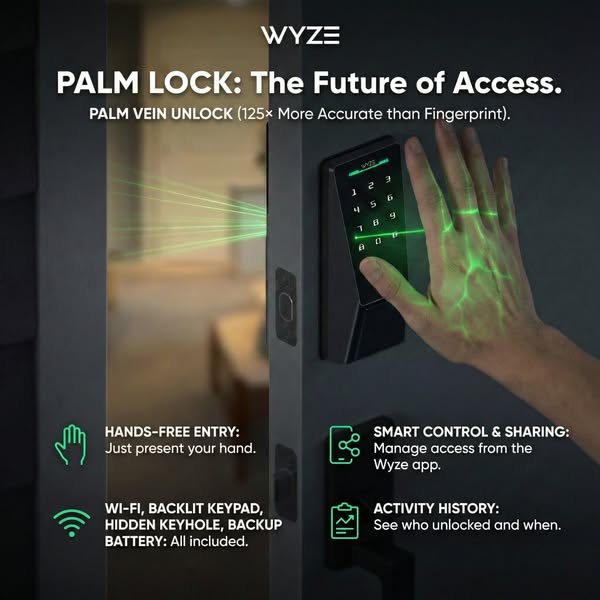 This image ad promotes the Wyze Palm Lock, highlighting its hands-free entry, smart control, activity history, and palm 