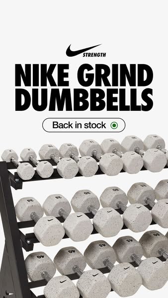 This ad showcases Nike Grind Dumbbells, highlighting their return to stock. The visual emphasizes the product's desi