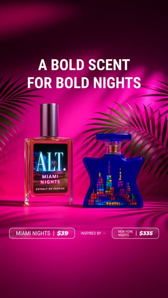 This ad compares the brand ALT.'s Miami Nights fragrance to the New York Nights fragrance. It highlights the price d