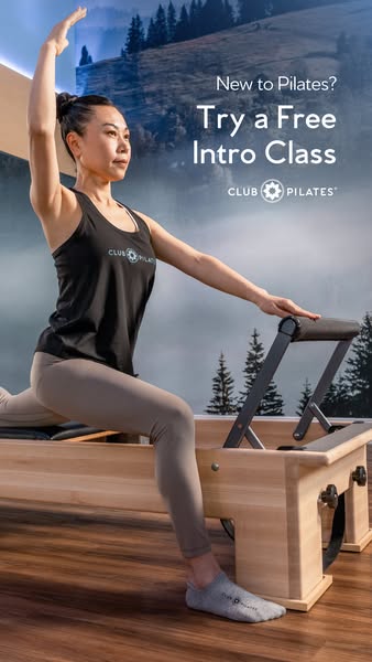 This Meta ad promotes Club Pilates by showcasing an image of an Asian woman doing Pilates on a machine against a backdro