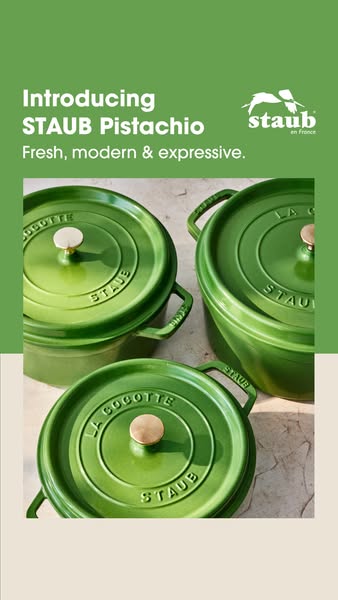 This image ad introduces STAUB's new pistachio-colored cookware.