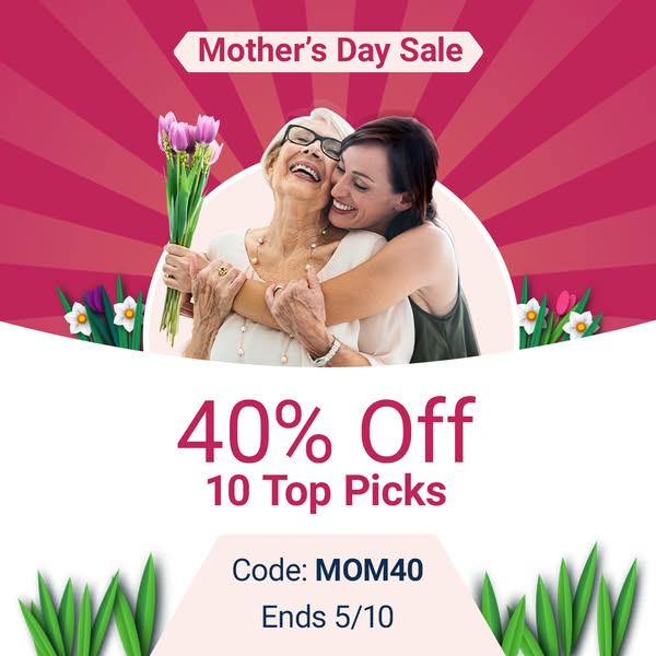 This ad promotes a Mother's Day sale with a 40% discount on top picks, using the code MOM40, expiring on 5/10. It fe