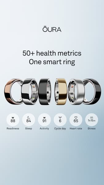 This ad showcases the Oura smart ring and its many health metrics tracking capabilities.