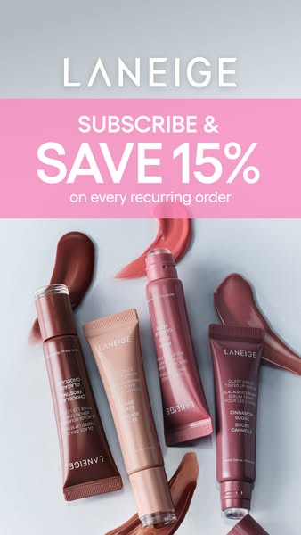 This ad promotes Laneige's tinted lip serum with an offer of 15% off on every recurring order when you subscribe.