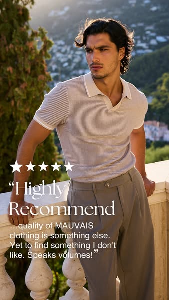 This image ad promotes MAUVAIS clothing. It features a man wearing a MAUVAIS polo shirt and pants. The ad highlights a c