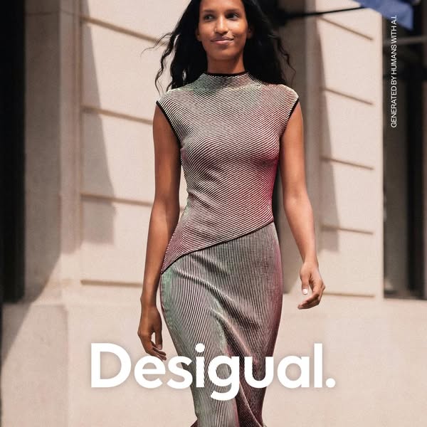 This ad features a woman walking towards the camera while wearing a striped dress, with the brand name displayed at the 