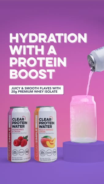 This ad promotes Clean Simple protein water, highlighting its hydration and protein benefits. It features a can of the d