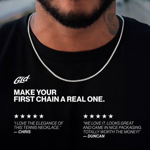 This ad features a man wearing a GLD tennis necklace with customer testimonials in the foreground.