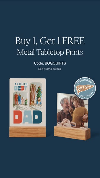 An advertisement for Shutterfly metal tabletop prints that are perfect for Father's Day. The ad features two metal t