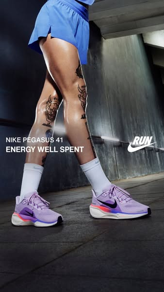 This ad showcases the Nike Pegasus 41 running shoes, emphasizing their energy return and suitability for runners.