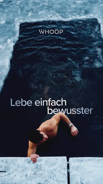 This image ad for WHOOP features a man emerging from an ice bath, wearing a WHOOP device on his wrist. The ad's head