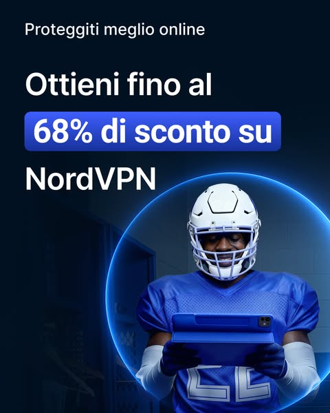 This ad promotes NordVPN with a discount offer. It features an athlete in a locker room setting using a tablet, emphasiz