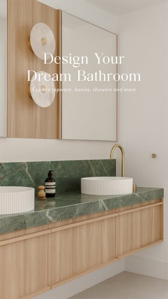 This image ad promotes bathroom design services, showcasing a sleek, modern bathroom featuring high-end tapware, basins,