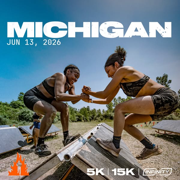 This ad promotes a Michigan-based obstacle course event. It shows two women helping each other over an obstacle.