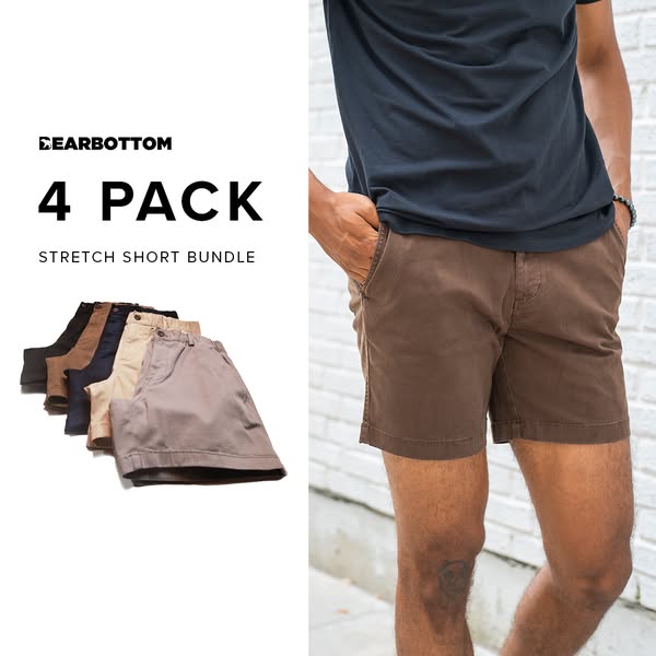 This ad for Dearbottom promotes a 4-pack stretch short bundle. The ad features a man wearing the shorts and a stack of t