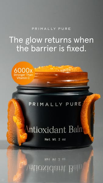 This image ad features Primally Pure's Antioxidant Balm and focuses on the glow-returning benefits the product provi