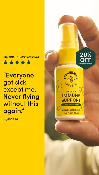 This ad features a customer testimonial for Beekeeper's Naturals Propolis Immune Support Daily Throat Spray, highlig