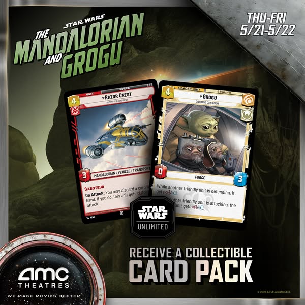 This ad promotes a collectible card pack for the Star Wars Unlimited card game, available at AMC Theaters on May 21-22. 