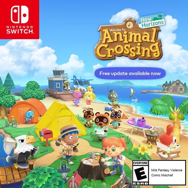 An advertisement for Animal Crossing: New Horizons featuring a beach scene.
