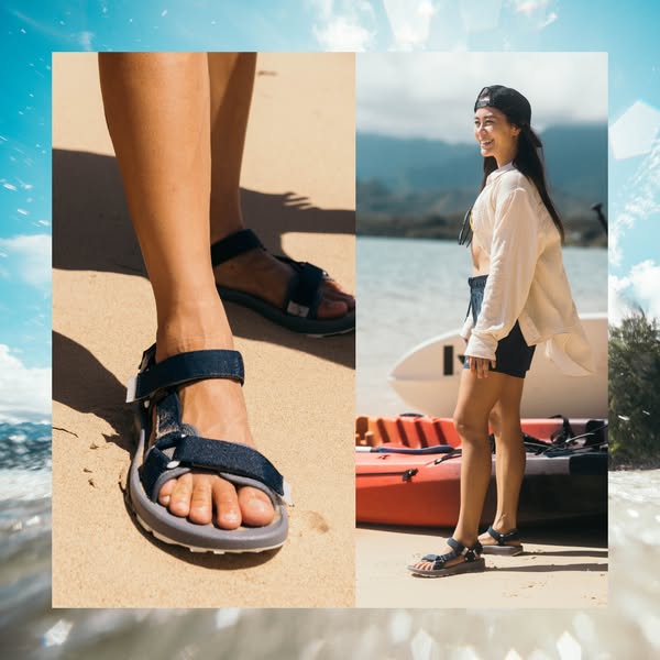 This ad features a split screen presentation that emphasizes the functional and lifestyle aspects of the featured Teva s