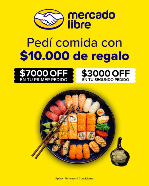 This Mercado Libre ad promotes food delivery with a special discount offer for first and second orders. A variety of sus