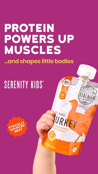 This ad for Serenity Kids baby food highlights the protein content of the product and how it helps power up muscles and 