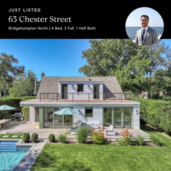 Real estate ad showcasing a newly listed home with a swimming pool and deck. The ad is designed to attract potential buy