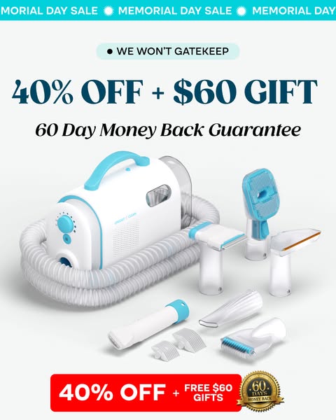 This ad showcases a white and blue pet grooming vacuum with multiple attachments and advertises a limited-time offer for
