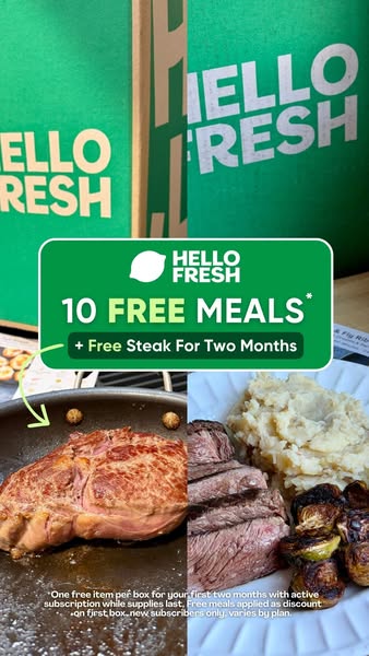 This image ad for Hello Fresh promotes a limited-time offer of 10 free meals and free steak for two months to new subscr