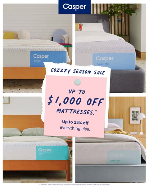This ad features a collage of four different Casper mattress models on sale, promoting the coziness of the season and of