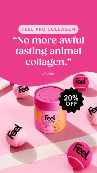 This ad features a testimonial about the 'Feel Pro Collagen' product. The testimonial states that the product is