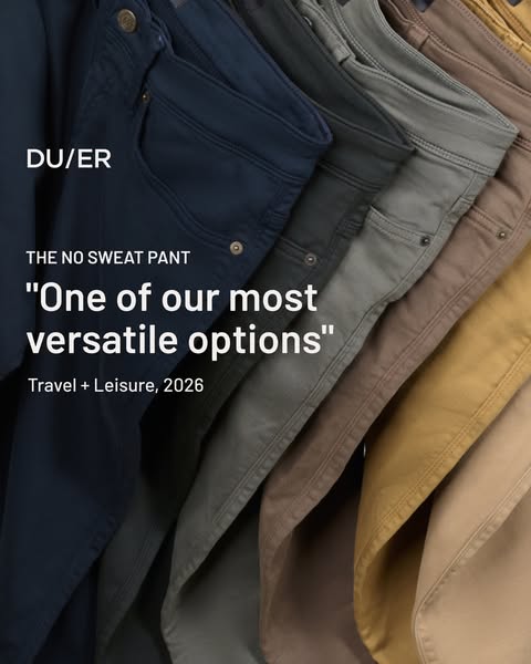 This image ad features a closeup of a row of DU/ER brand pants in different colors with a quote from Travel & Leisur