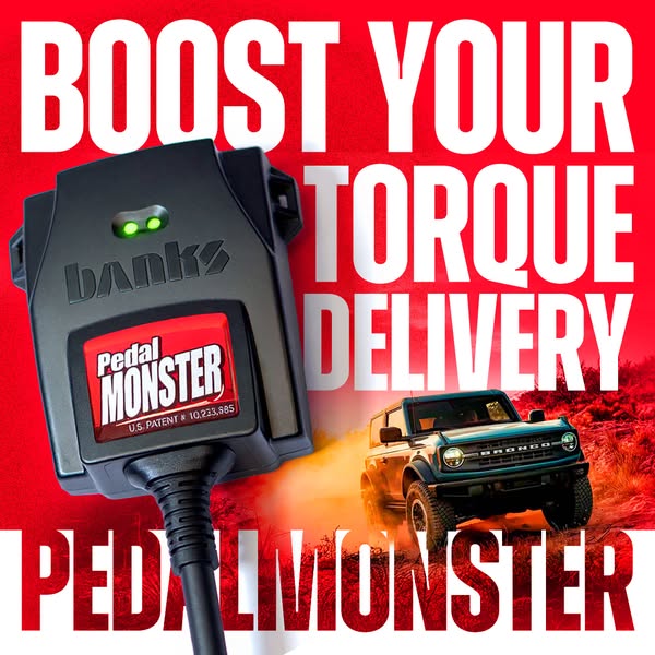 This ad promotes the PedalMonster product by Banks, which is designed to boost torque delivery in vehicles. The ad featu