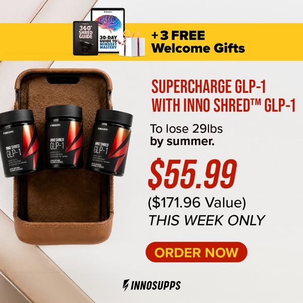This image ad is promoting Inno Supps Inno Shred GLP-1, a supplement product designed to help users lose weight by summe