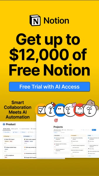 This image ad for Notion highlights the benefits of smart collaboration and AI automation. It offers a free trial with A
