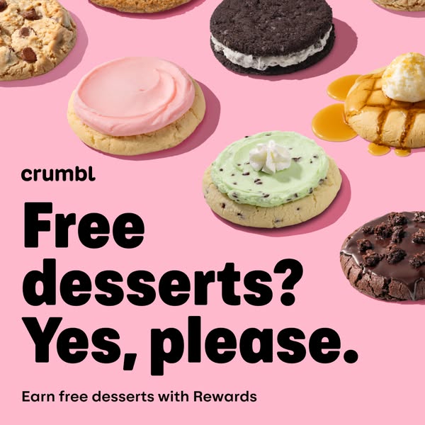 This image ad for Crumbl cookies features an array of different flavored cookies on a pink background. The ad promotes f