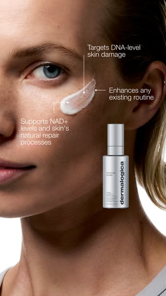 This image ad features a close-up of a person's face with a small white dollop of a Dermalogica serum applied to the