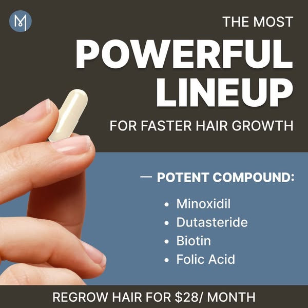 Image ad promoting a monthly hair regrowth subscription that features a lineup of potent compounds like minoxidil, dutas