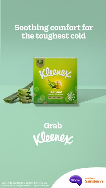 This ad promotes Kleenex Balsam tissues. The ad features the tissue box beside aloe leaves and emphasizes the soothing c