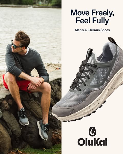 This ad for OluKai men's all-terrain shoes features a split screen with a lifestyle image of a man sitting on rocks 
